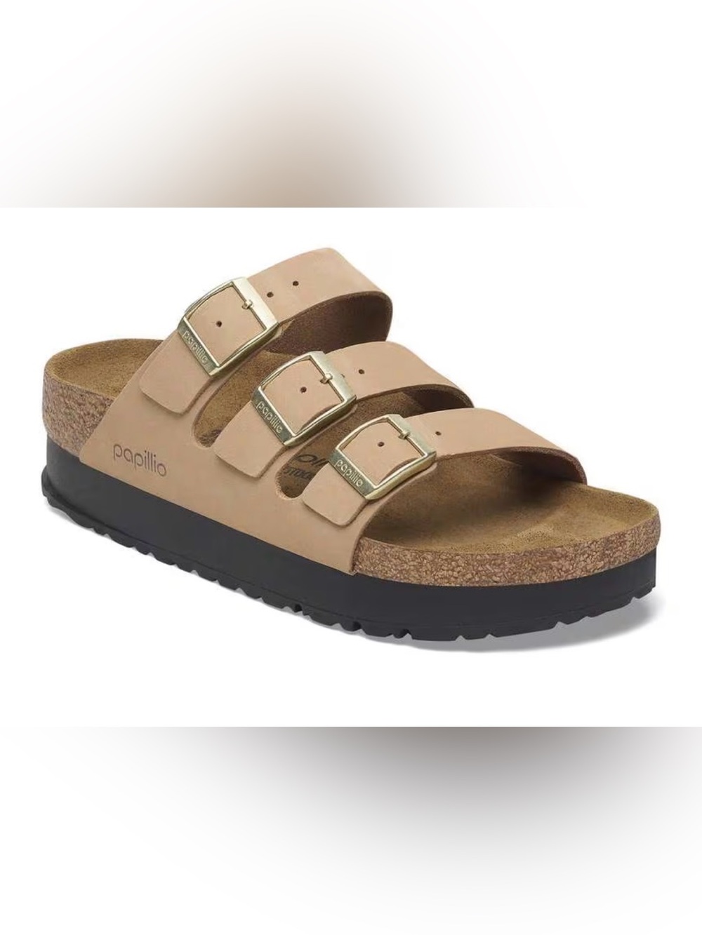 Birkenstock Papillio Three-Strap Sandal in sandcastle with Gold Buckles